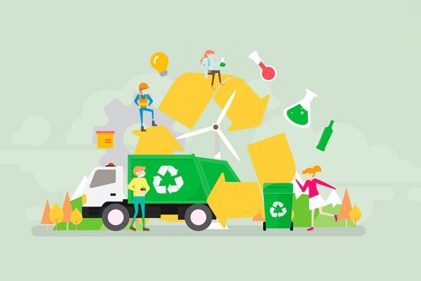 Na imagem vetorial, símbolos de reciclagem em um caminhão. lixeira e ao fundo.