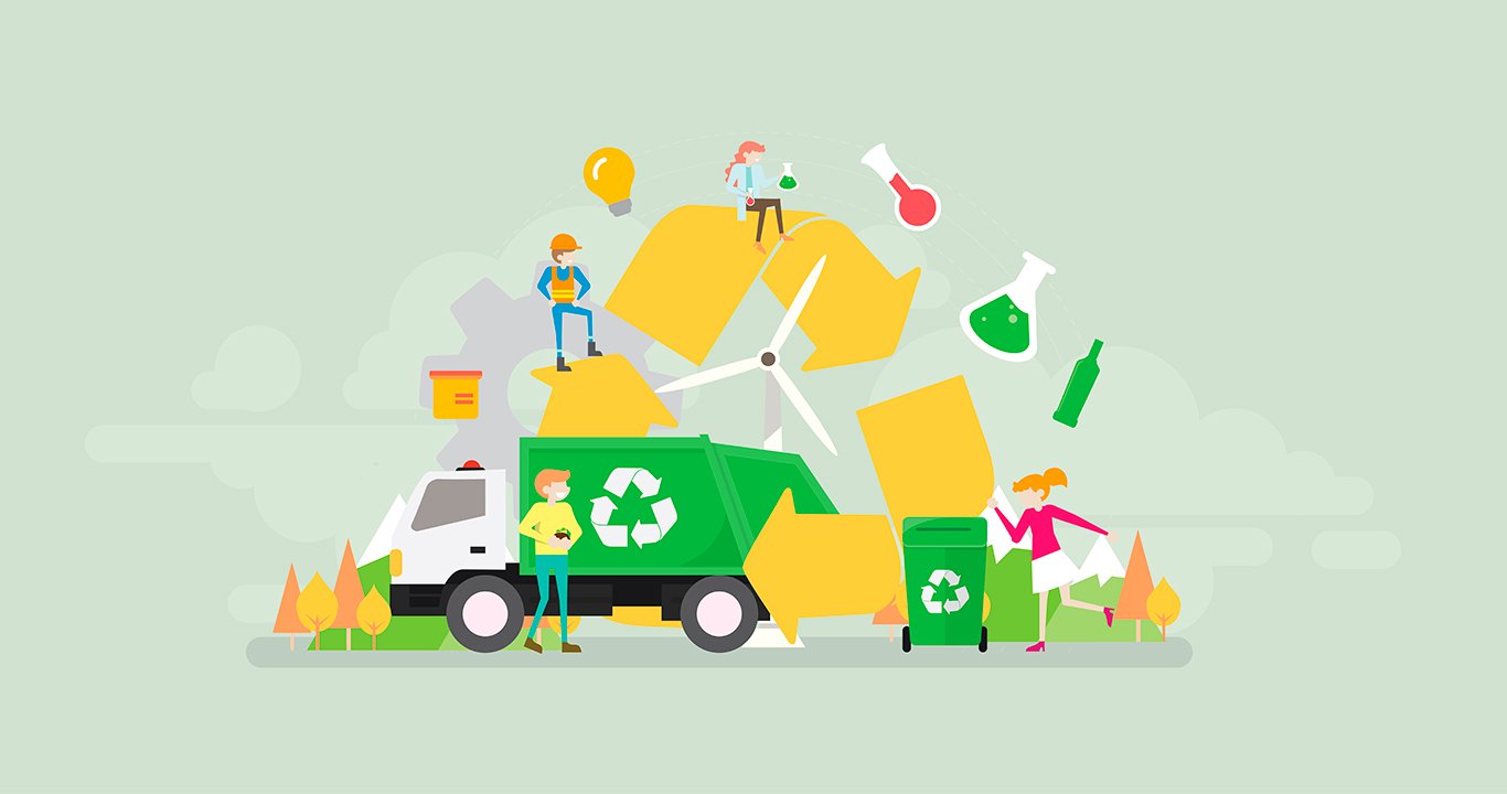 Na imagem vetorial, símbolos de reciclagem em um caminhão. lixeira e ao fundo.